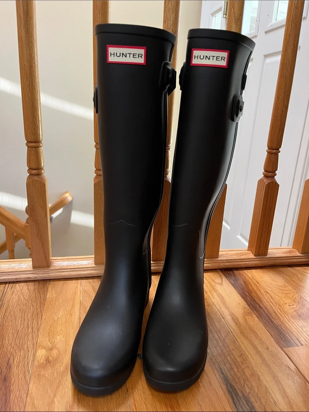 Hunter Black Tall Rubber Rain Boots with Red-Trim Logo